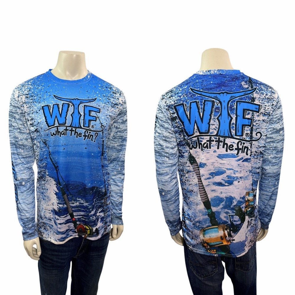 What The Fin Men’s Size M Long Sleeve Performance Fabric Fishing Outdoor Shirt